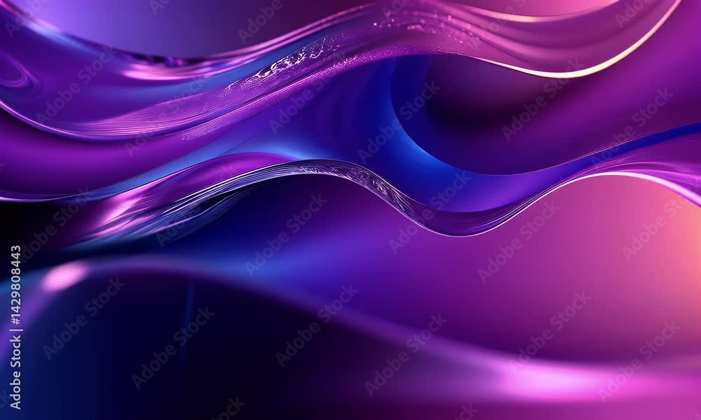 Poster abstract purple and blue gradient background with wavy ribbon, fluid shapes, and glowing light effec