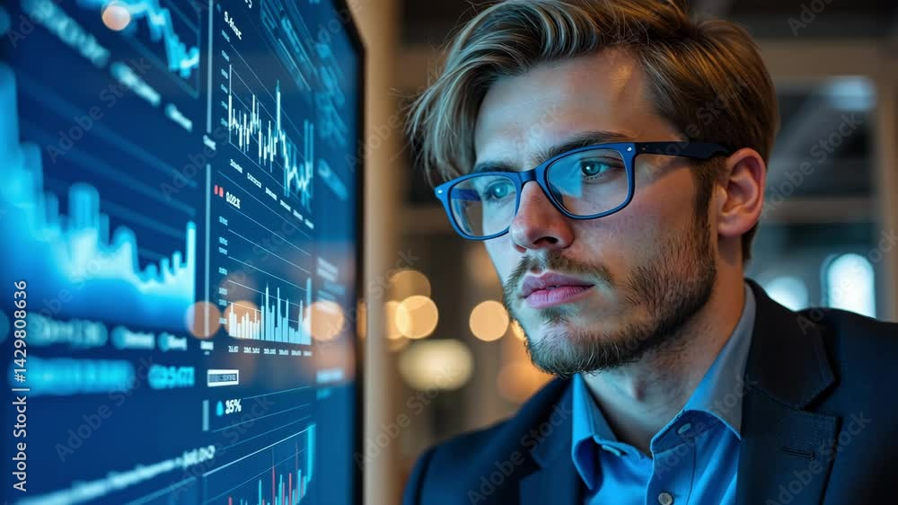 Poster focused businessman analyzing financial data on a computer screen in a modern office environment at 