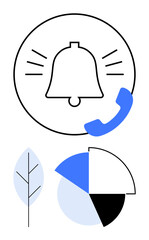 Obraz premium Bell indicating alert with phone receiver, segmented pie chart, and minimalistic leaf. Ideal for communication, organization, notifications, productivity, data analysis, eco-business modern