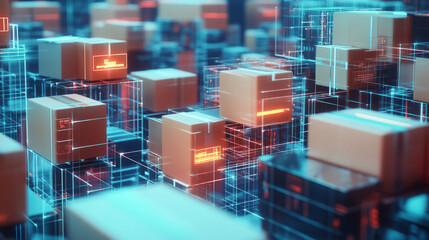 Neatly stacked packages delivery warehouse boxes stacked in a warehouse background showing industrial logistics and modern fulfillment operations. AI generative