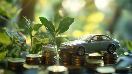 A model car on a pile of car coins money finance investment representing smart budgeting, insurance savings. AI generative