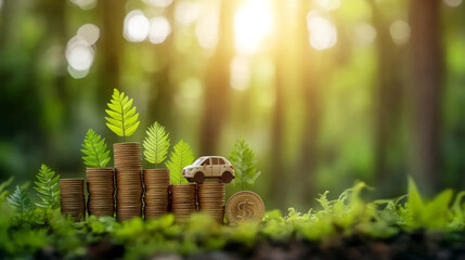 A model car on a pile of car coins money finance investment representing smart budgeting, insurance savings. AI generative