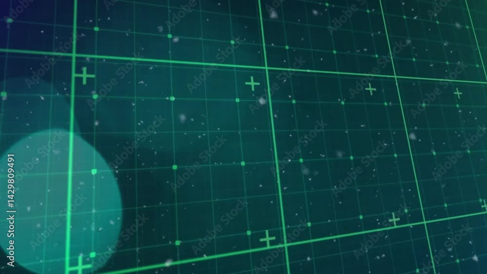 Poster neon green grid interface being visualized in teal space, showing moving nodes, plus markers, orb
