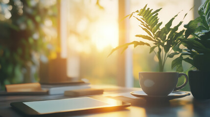 A tablet with a digital contract open sits on a desk next to a coffee cup representing modern document signing with tablet. AI generative