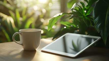 A tablet with a digital contract open sits on a desk next to a coffee cup representing modern document signing with tablet. AI generative