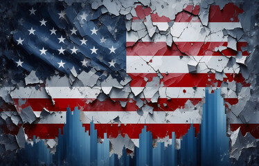 A weathered American flag, cracked and crumbling, reveals a stark financial chart below, symbolizing economic hardship.