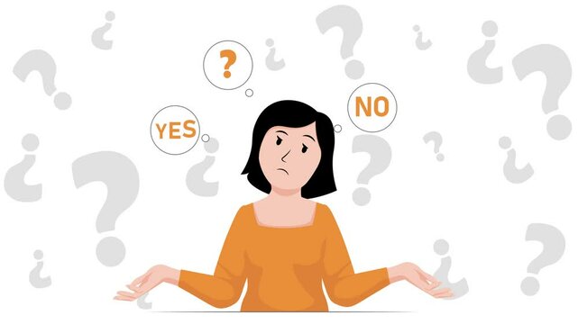 confused woman with question marks, person not knowing what decision to make 4k animation
