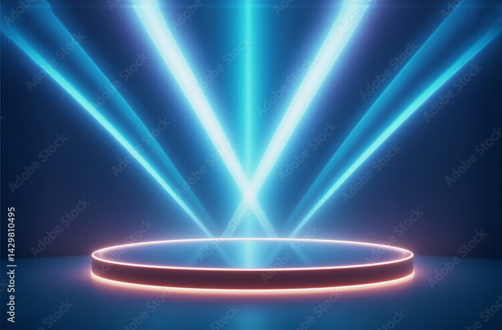 Poster abstract image of a circular platform illuminated by vibrant blue and teal neon light rays convergin