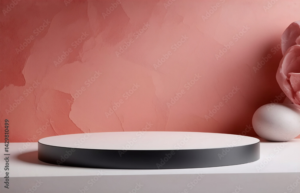Poster a clean, modern product display features a circular podium against a soft, textured coral backdrop w