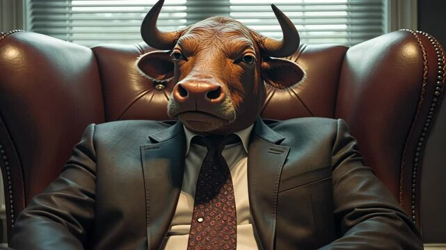 Businessman in Formal Attire with Bull Head Mask Sitting in Elegant Office Chair Surrounded by Contemporary Decor Elements