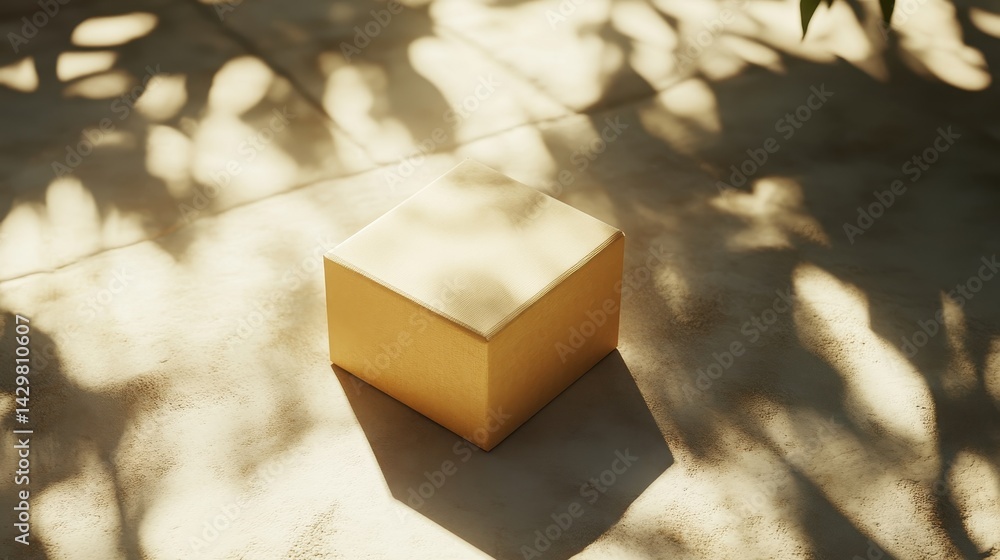 Poster golden cube-shaped object positioned on a light-colored patio.