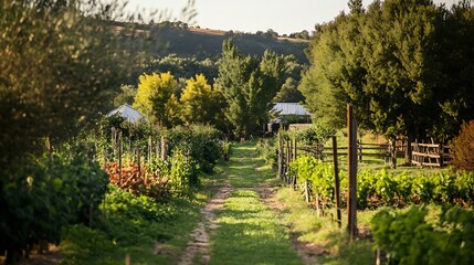 Rustic Vineyard Path: Serene Countryside Garden Scene