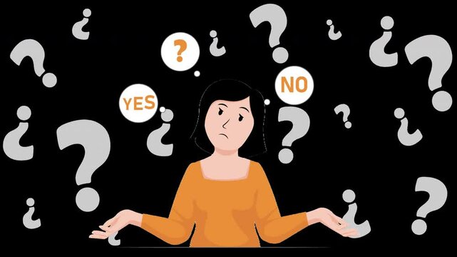 confused woman with question marks, person not knowing what decision to make 4k animation on alpha channel