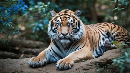 Obraz premium Majestic Blue-Eyed Tiger Close-Up – Vibrant Wildlife Animal Portrait