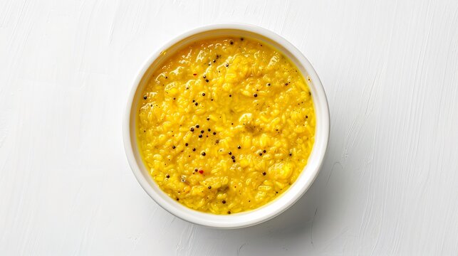 Top down view of Indian moong dal khichdi white bowl on plain white background Soft nutritious rice lentil blend with ghee and cumin comfort food from India cut out on isolated transparent background