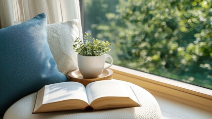Tranquil Reading Nook with a Book and Fresh Greenery Near Window