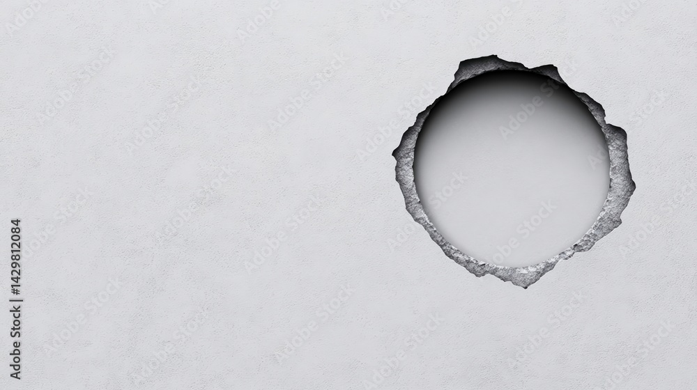 Poster a circular hole in a textured wall, revealing a smooth surface behind, creating a stark contrast and