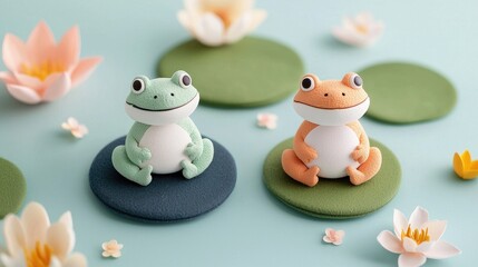 Obraz premium Cute Frogs on Colorful Mats Surrounded by Lily Flowers and Leaves