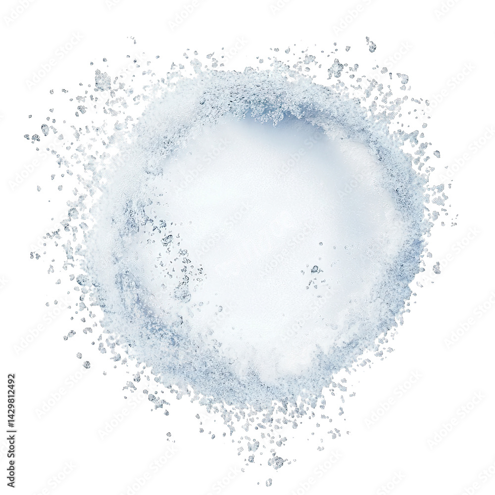Poster a circular splash of fine white powder creating a soft ethereal effect against a light background su