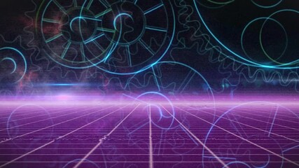 Purple grid floor receding toward neon horizon with blue gear outlines floating amid glitch effects - Powered by Adobe