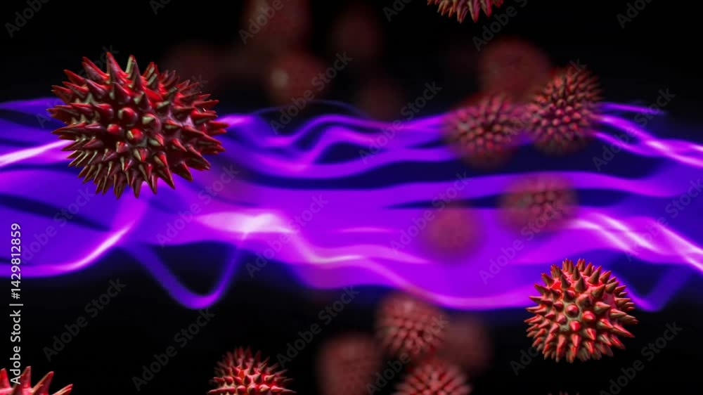 Poster red spiky spheres floating against dark backdrop, purple neon waveforms flowing in 3d render