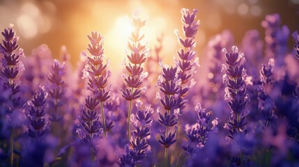Fototapeta premium Radiant sunset over a vibrant lavender field.