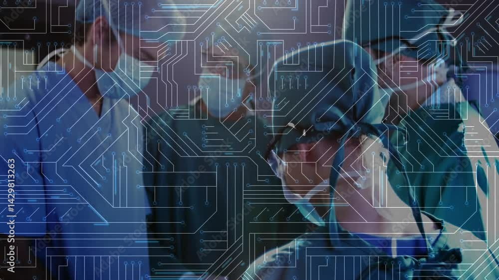 Poster medical team working inside high-tech operating room, displaying floating circuit-board overlay