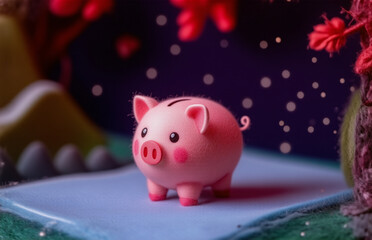 A cute pink piggy bank sits on a blue surface, maybe dreaming of a future filled with money. Surrounded by colorful blossoms and a starry background.