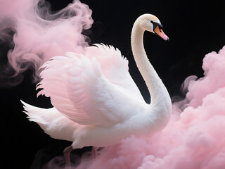 Obraz premium White swan with pink clouds, ethereal atmosphere, dramatic lighting, black background, graceful pose, feathered wings, smoke effect, dreamlike, surreal, elegant