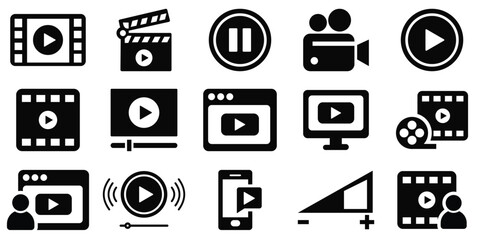 Multimedia Video Icon Set – Play, Pause, Camera, Streaming, Cinema, and Production Symbols in Solid & Outline Style