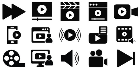 Multimedia Video Icon Set – Play, Pause, Camera, Streaming, Cinema, and Production Symbols in Solid & Outline Style