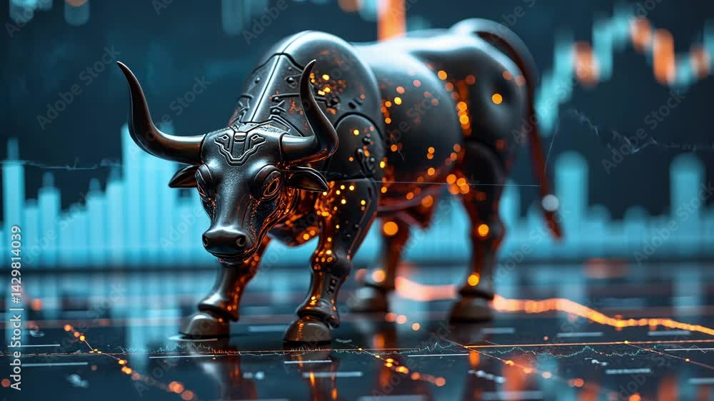 Poster robotic bull symbolizing market growth with financial graphs and data analytics background depicting