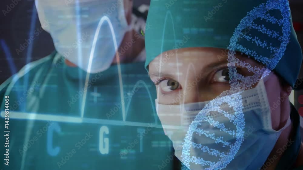 Poster medical surgeons analyzing genomic data in operating room, displaying ecg waveforms and dna helix