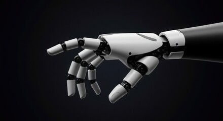 Close up of a robotic arm with white fingers extended against a dark background