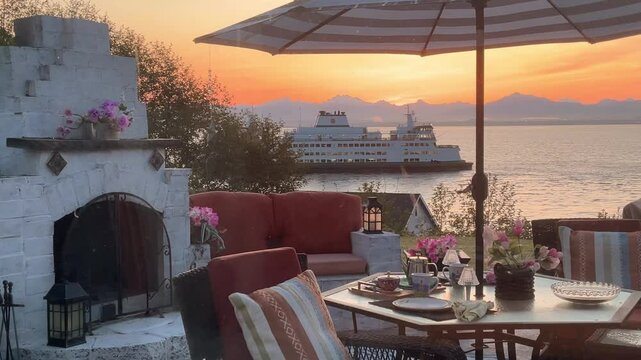 Outdoor dining with an ocean ferry view at sunset in the Pacific Northwest, Washington