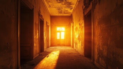 Fototapeta premium A spectral corridor bathed in golden light: an exploration of decay