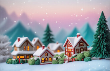 A cozy winter village scene, with snow falling, houses, trees, and distant mountains. Soft colors create a warm, inviting atmosphere. The scene brings the magic of the holiday season, with a hint of t