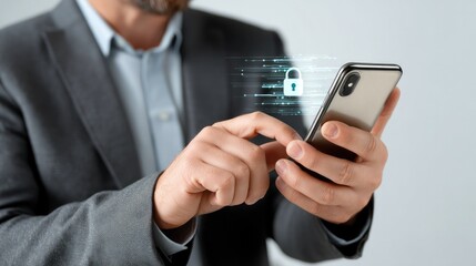 Secure Mobile Access: A close-up image of a businessman's hand confidently activating security on a smartphone, symbolizing modern digital security practices.  