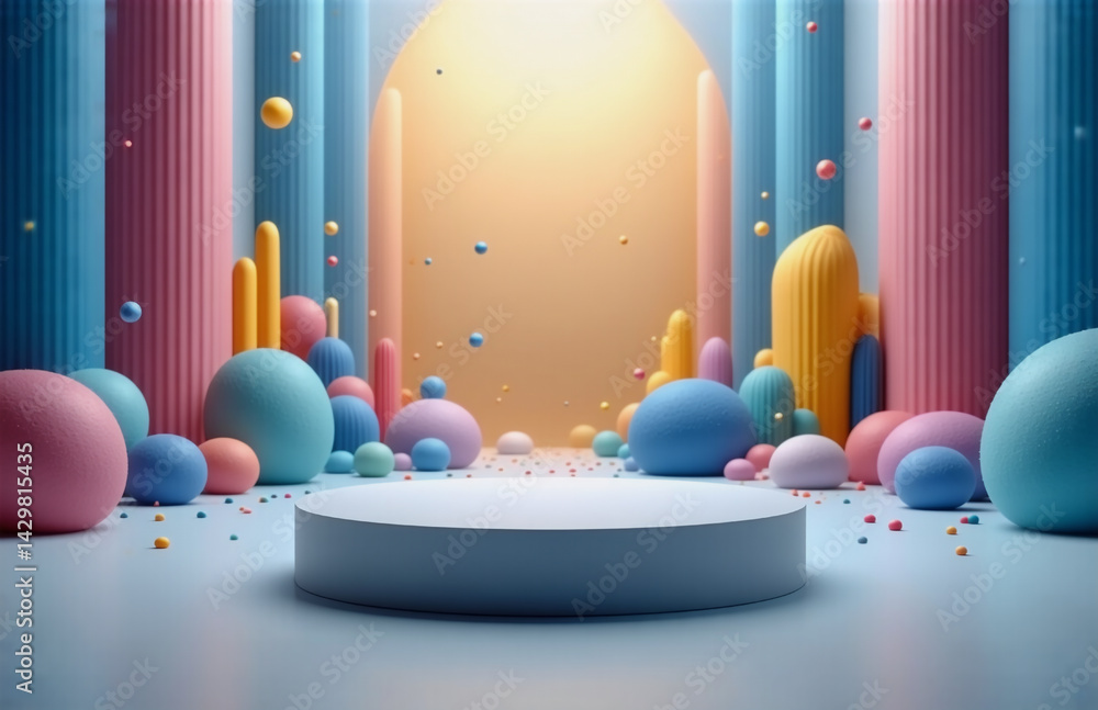 Poster a pastel stage with columns and spheres creates a playful, whimsical scene. soft lighting highlights