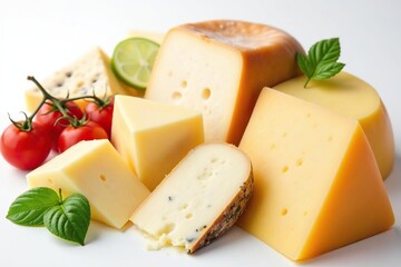 Assortment of Italian cheeses on white background , mozzarella, delicacy