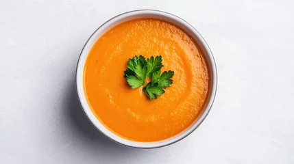 A vibrant bowl of orange soup garnished with fresh parsley, set against a light background, evoking a warm and inviting culinary experience. © CoreVisuals