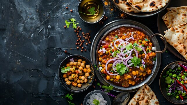 Indian chole bhature served on a dark plate with crispy bhature and flavorful chickpea curry garnished with onions and cilantro Hearty dish from Punjab India 