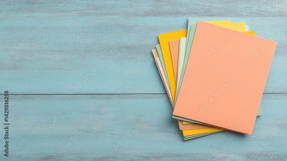 Aufkleber a stack of colorful blank paper sheets rests on a textured blue surface, creating a visually appeali