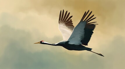 Obraz premium Elegant red-crowned crane soaring through a soft, pastel sky.