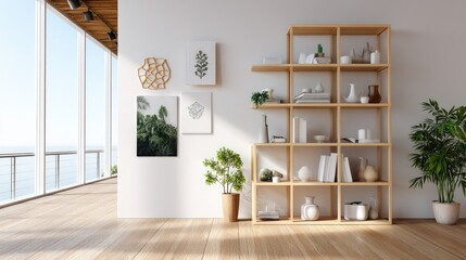 Minimalist Living Room with Bookshelf: A serene living space with large windows offering a panoramic view of the ocean beyond. Sunlight streams through the glass, highlighting the wooden bookshelf.