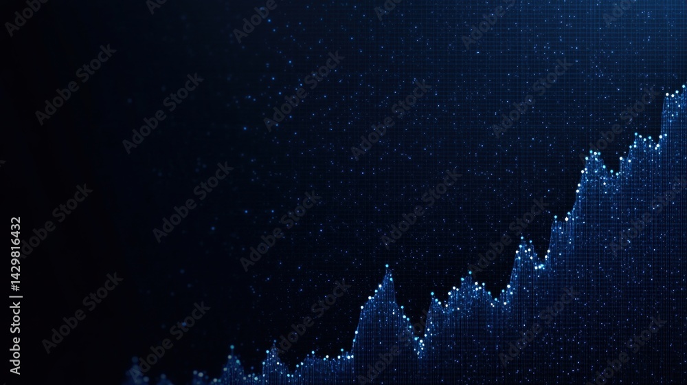Poster a digital representation of a rising financial chart, featuring a dark background with bright dots i