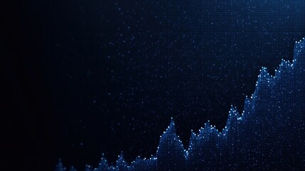 A digital representation of a rising financial chart, featuring a dark background with bright dots illustrating data points and trends.