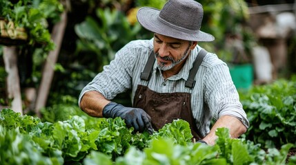A focused farmer meticulously harvests leafy greens in a lush garden.