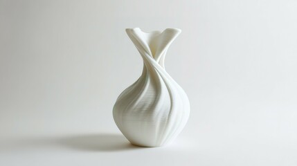 Elegant, white, sculpted vase with intricate, swirling, organic form.