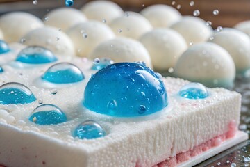 Appetizing dessert Spherical creamy treat with blue jelly domes and water droplets